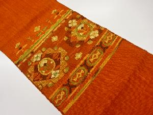 手織り真綿紬横段に抽象華紋・草花模様織出し名古屋帯